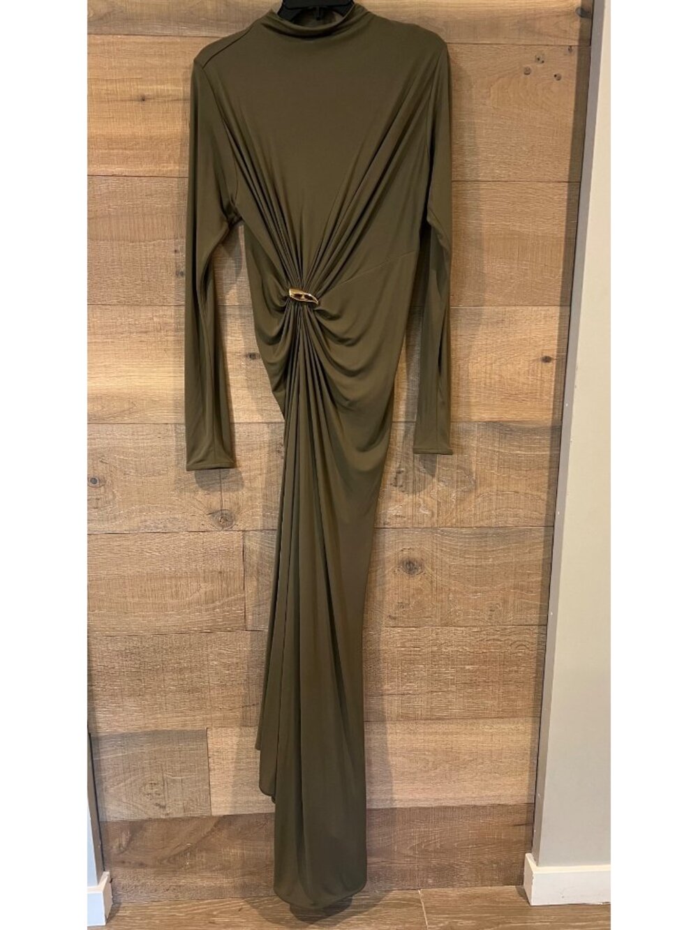 BOTTEGA VENETA Asymmetric embellished gathered khaki maxi dress size IT 42/ US - Picture 5 of 16